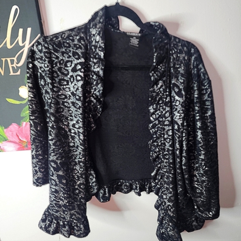 Black Metallic Animal Print Ruffled Cardigan Jacket